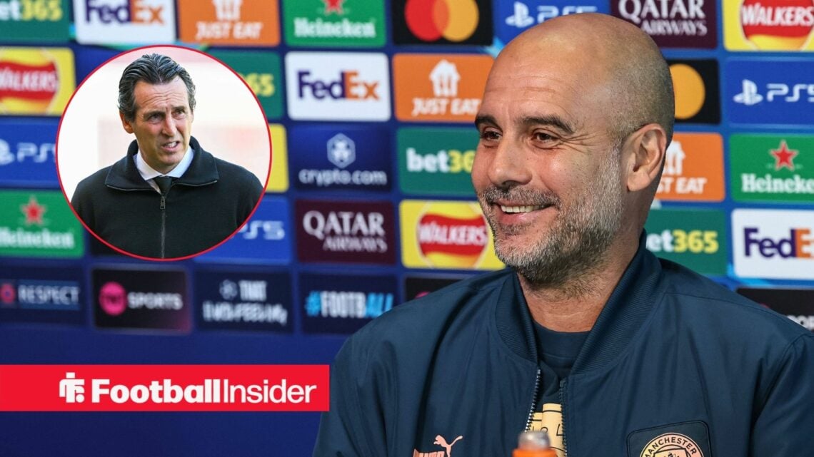 Pep Guardiola smiling in a press conference, Unai Emery in a circular inset