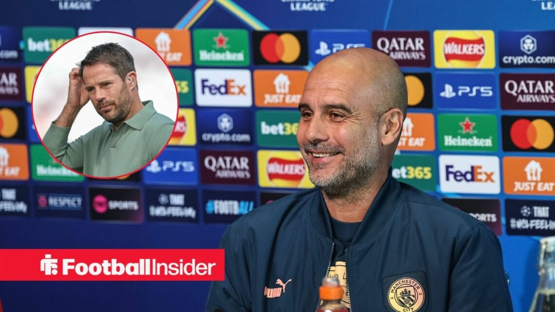 Pep Guardiola smiling and Jamie Redknapp in inset
