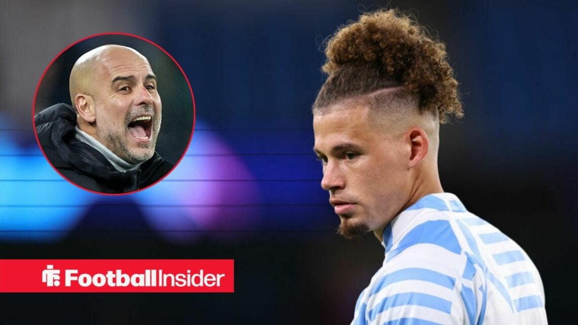 Pep Guardiola shouting on the left hand side with Kalvin Phillips looking focused on the right