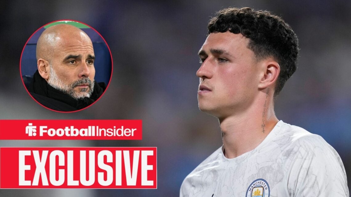 Pep Guardiola looking concerned on the left above an EXCLUSIVE banner with a focused Phil Foden on the right for Man City