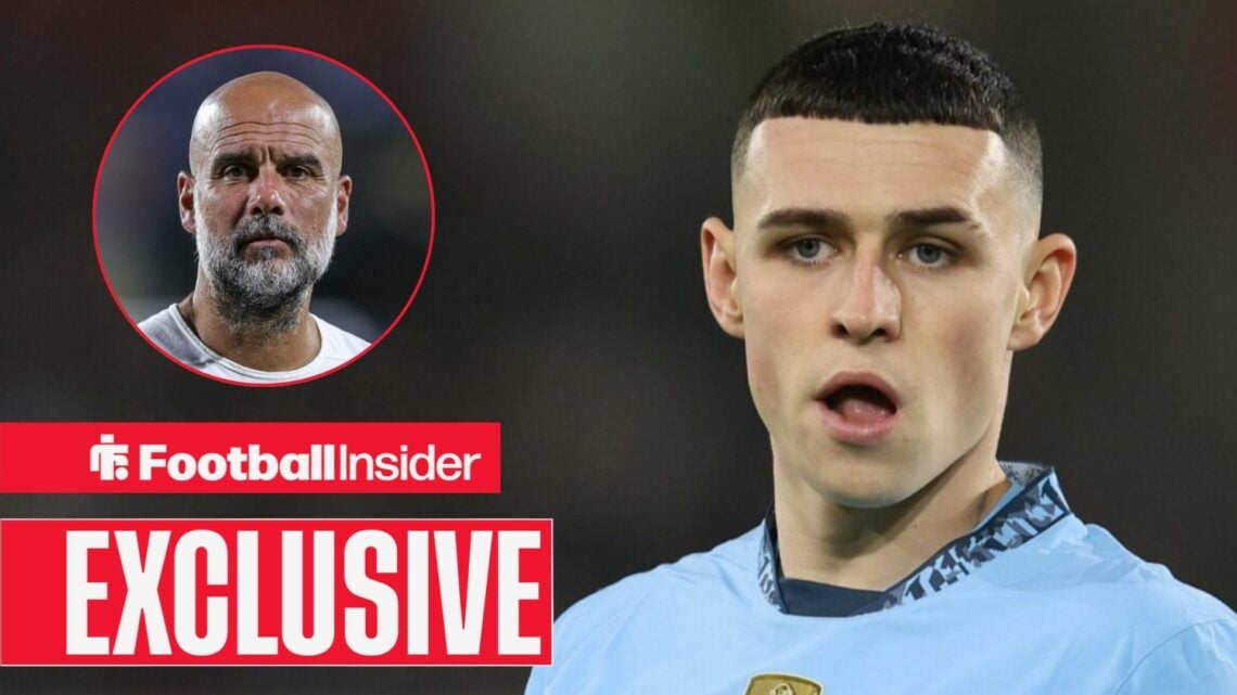 Man City's Phil Foden with manager Pep Guardiola left inset looking concerned
