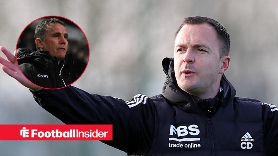 An image of Wrexham boss Phil Parkinson in a circular frame alongside an image of Birmingham City boss Chris Davies