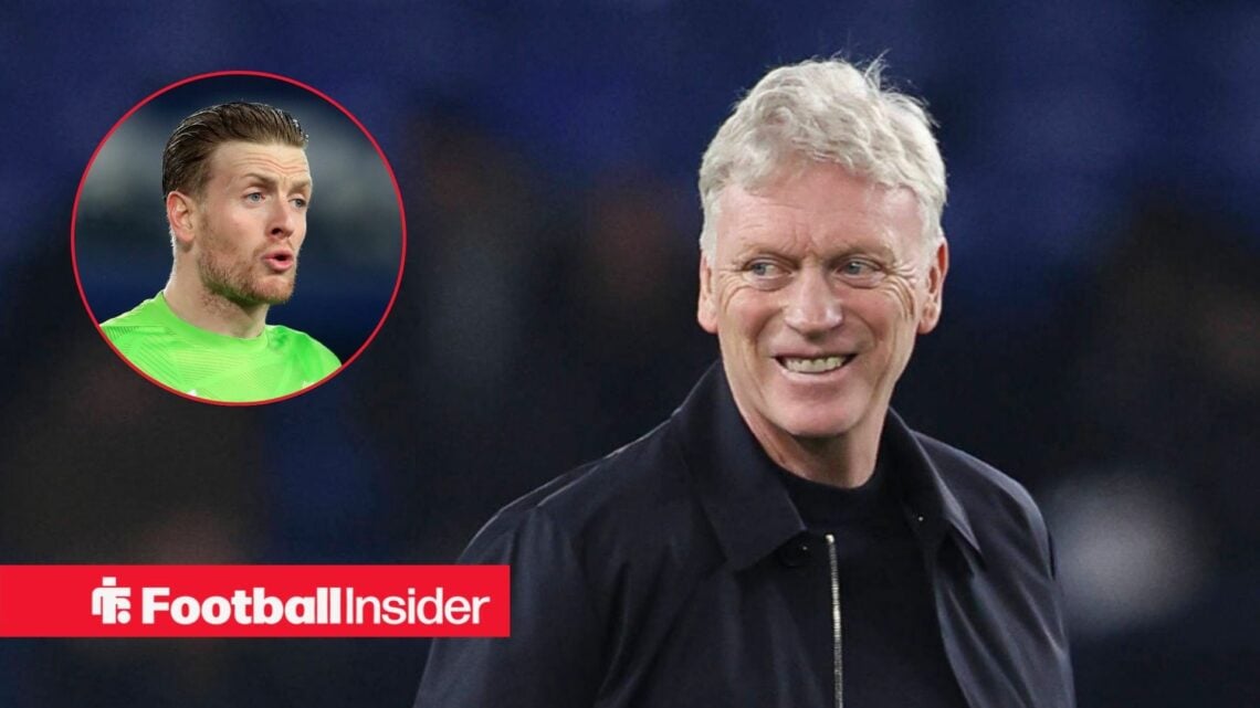 Jordan Pickford in a circular inset next to David Moyes