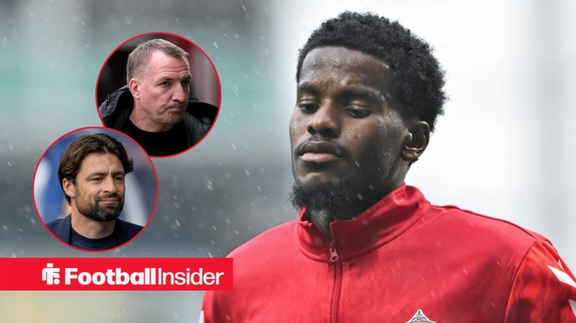Pierre Ekwah in a warm-up for Sunderland, with Brendan Rodgers and Russell Martin in circular insets