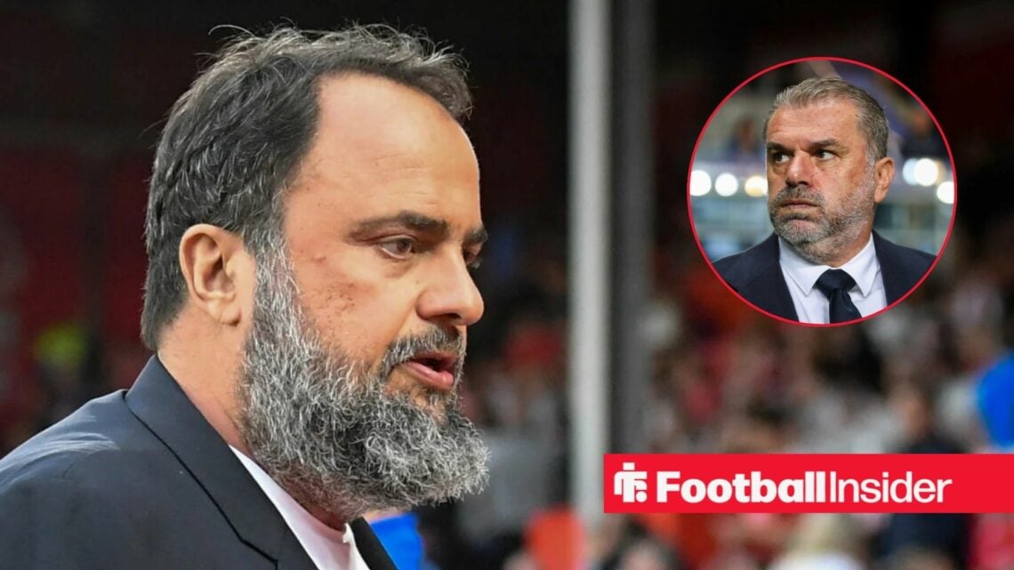 Ange Postecoglou in a circular inset next to Evangelos Marinakis