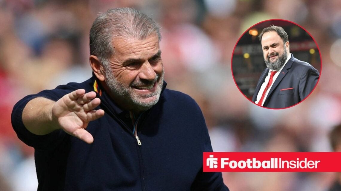 Ange Postecoglou next to a circular inset of Evangelos Marinakis