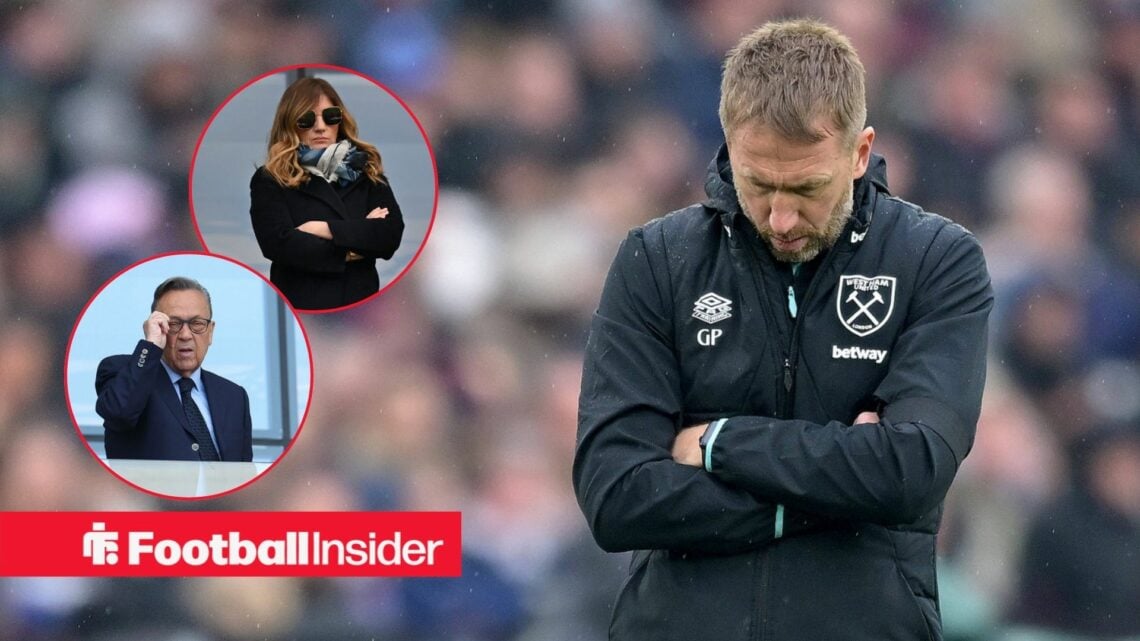 Graham Potter next to circular insets of Karren Brady and David Sullivan
