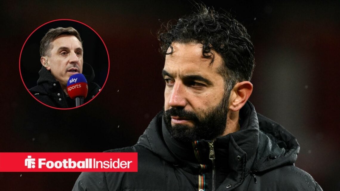 Ruben Amorim looking angry at Old Trafford, with Gary Neville in a circular inset