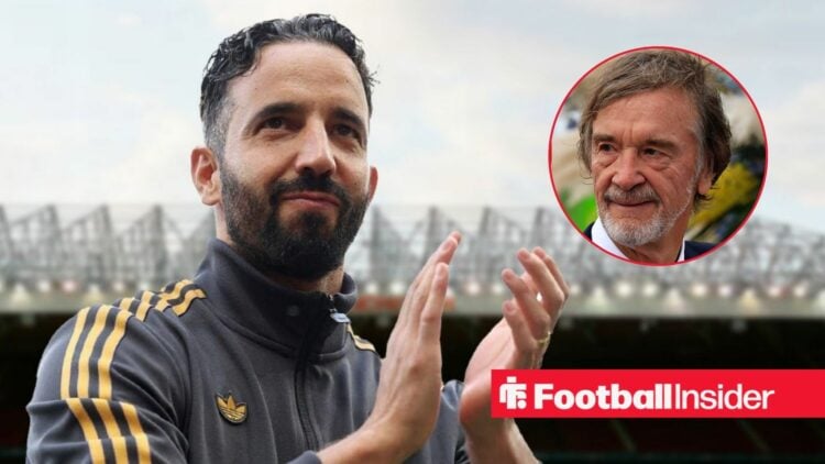 Ruben Amorim applauding at Old Trafford, with Sir Jim Ratcliffe in a circular inset