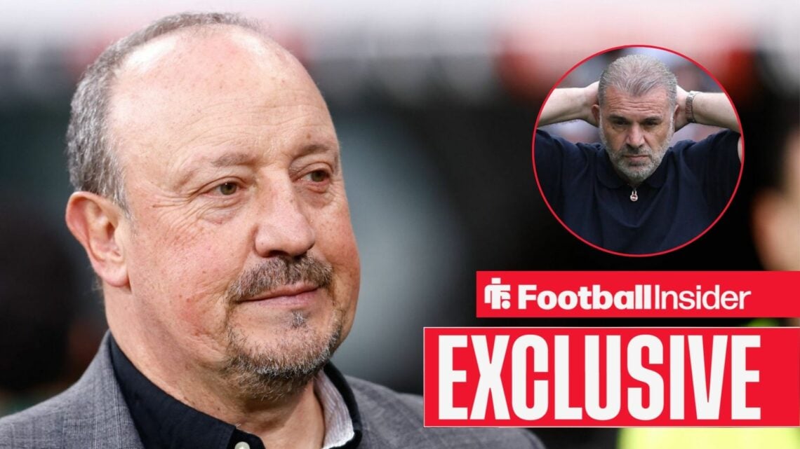 Rafael Benitez smiling, Ange Postecoglou in a circular inset, Exclusive banner