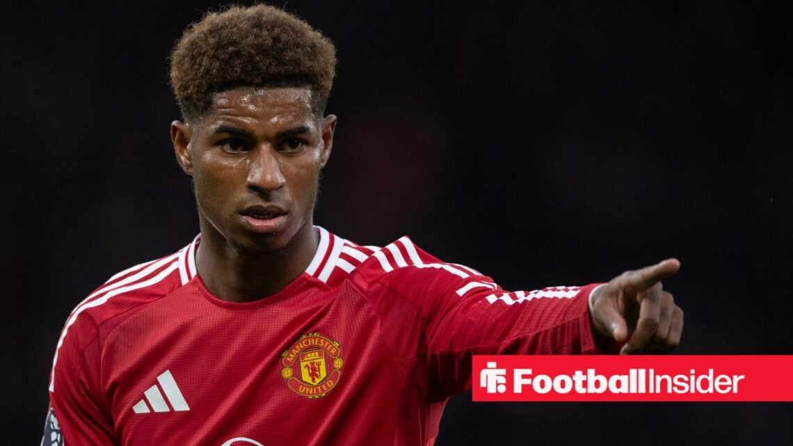 Marcus Rashford in Man United shirt pointing