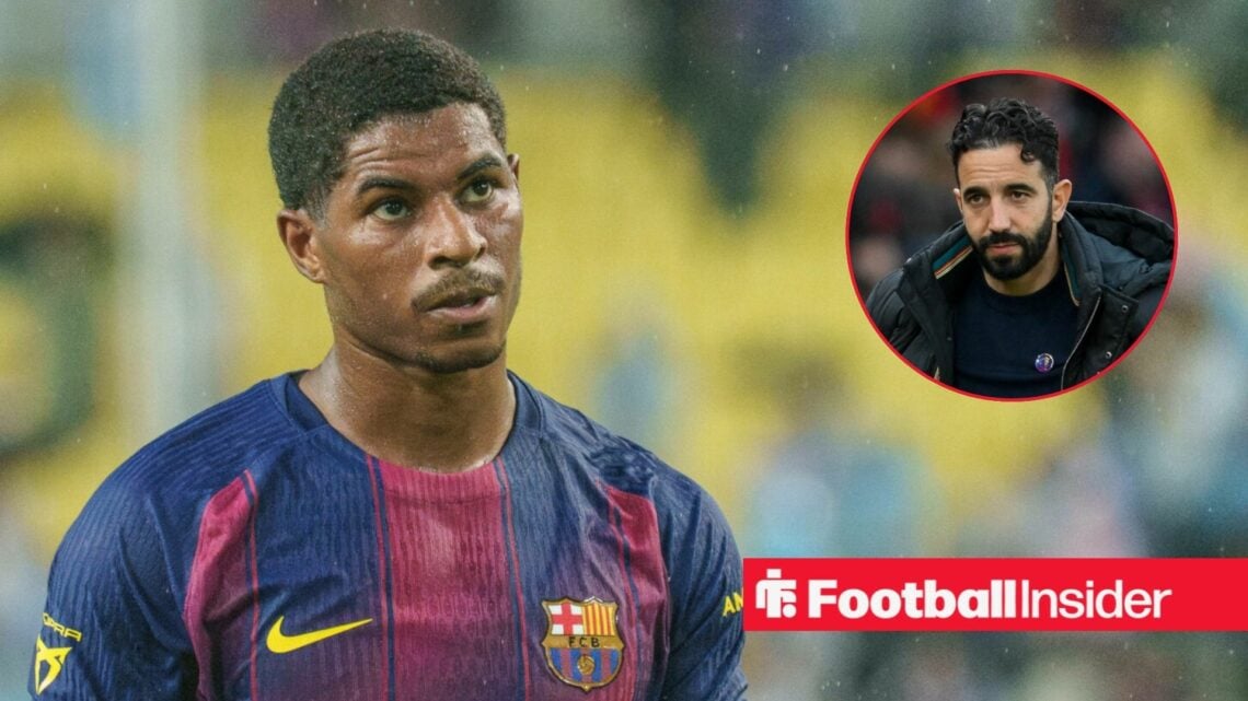 Marcus Rashford in a Barcelona shirt with Ruben Amorim included in a circular inset