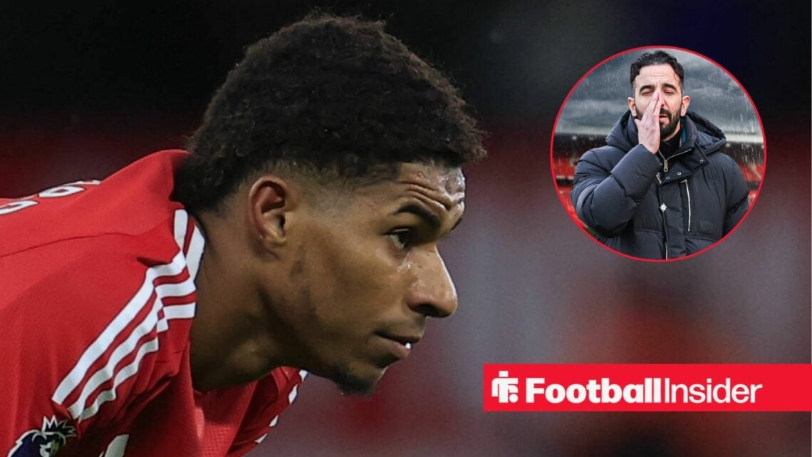 Marcus Rashford looks at a circular inset of Ruben Amorim