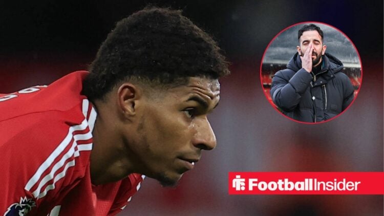 Marcus Rashford looks at a circular inset of Ruben Amorim