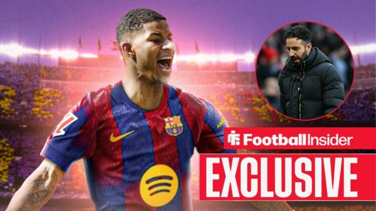 Marcus Rashford in a Barcelona shirt next to Ruben Amorim in a circular inset