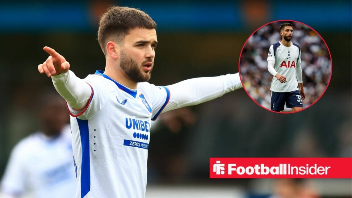 Rangers Nicolas Raskin with arms out and Rodrigo Bentancur inset