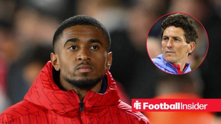 Reiss Nelson looking focused on the left with Brentford manager Keith Andrews serious on the right