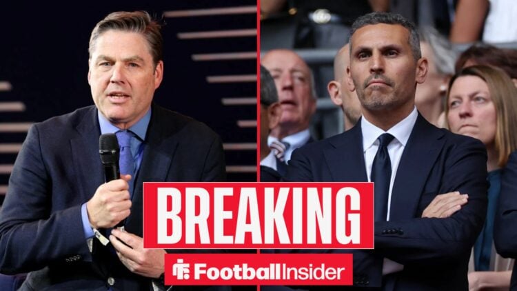 Richard Masters speaking into a microphone alongside Khaldoon Al Mubarak with his arms folded