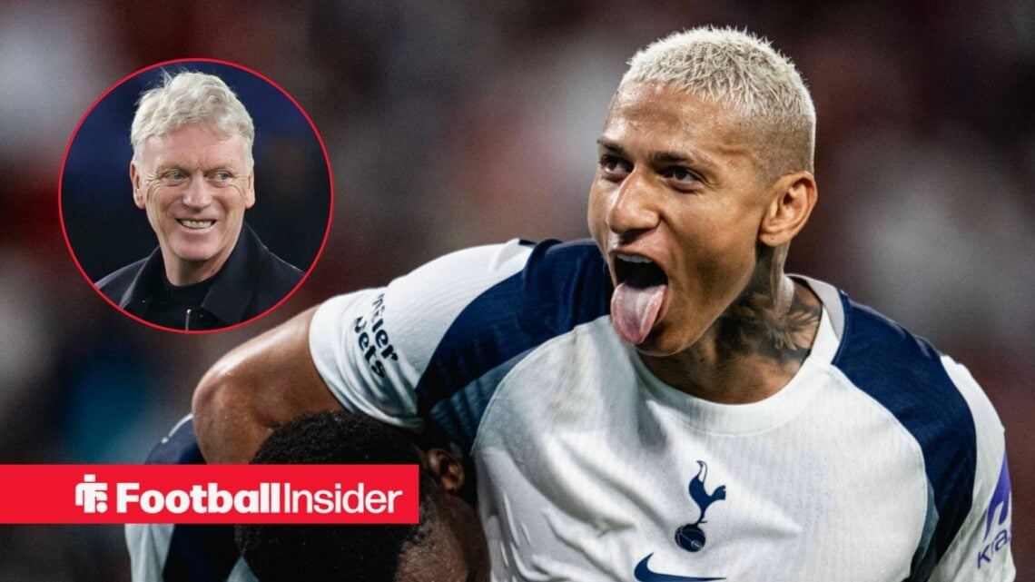 Richarlison celebrating a goal for Tottenham, with David Moyes in a circular inset