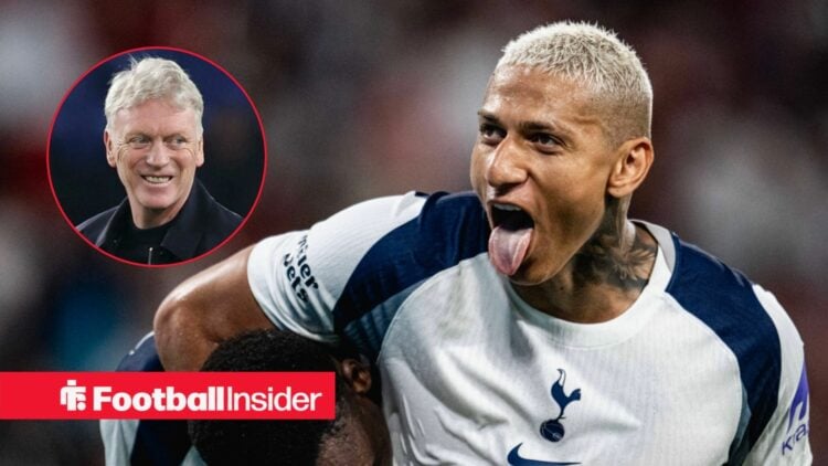 Richarlison celebrating a goal for Tottenham, with David Moyes in a circular inset