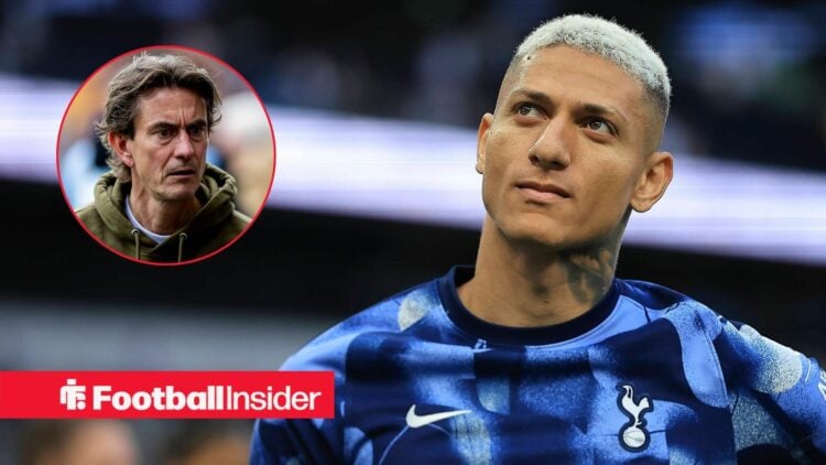 Richarlison playing for Tottenham, Thomas Frank in a circular inset