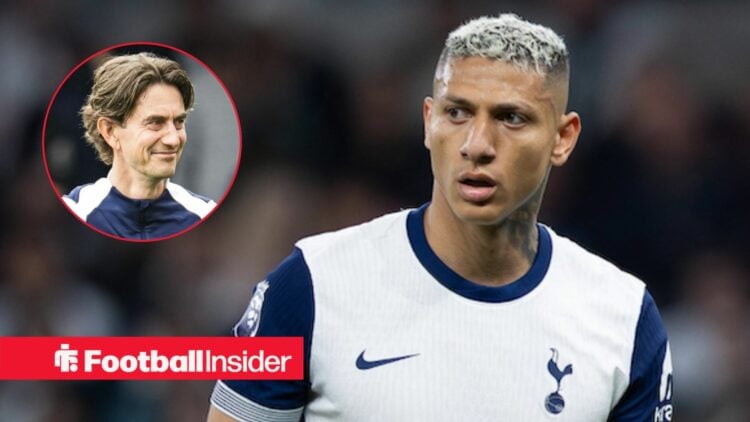 Richarlison in action for Tottenham, with Thomas Frank in a circular inset