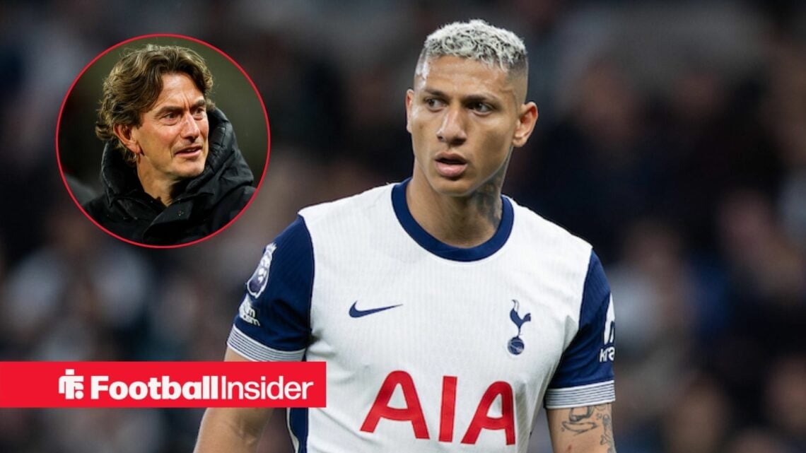 Richarlison looking concerned with Thomas Frank included in a circular inset