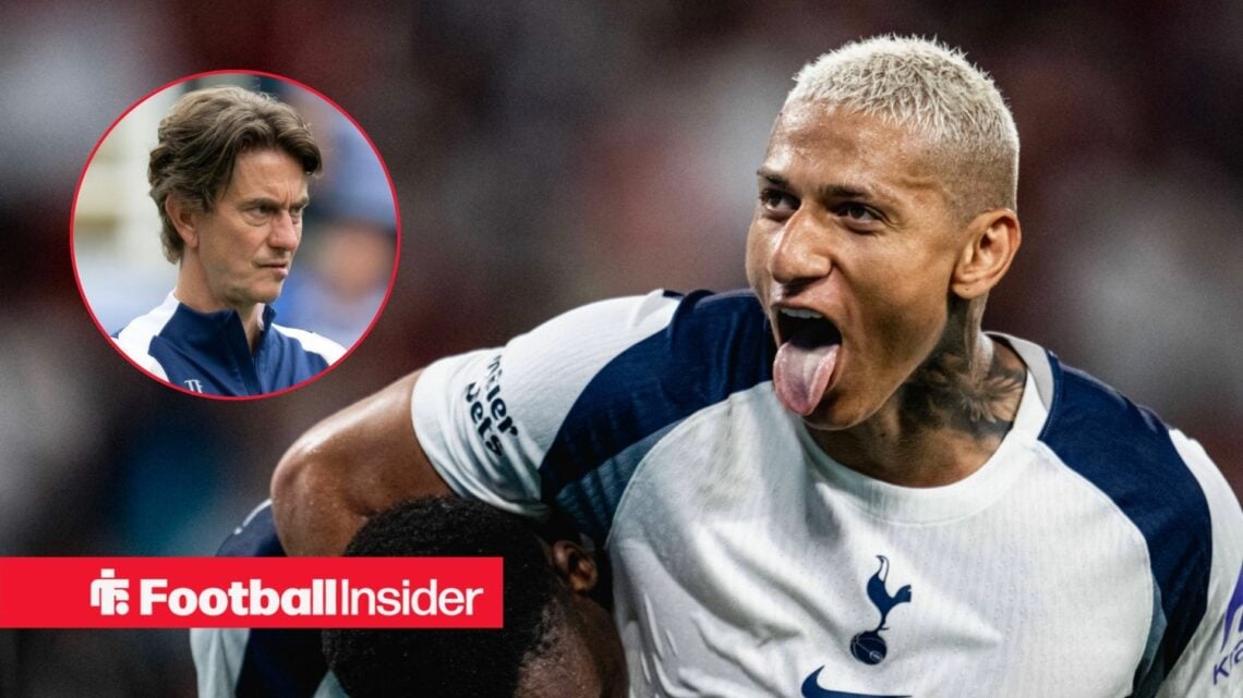 Richarlison celebrating in a Tottenham shirt, with Thomas Frank in a circular inset