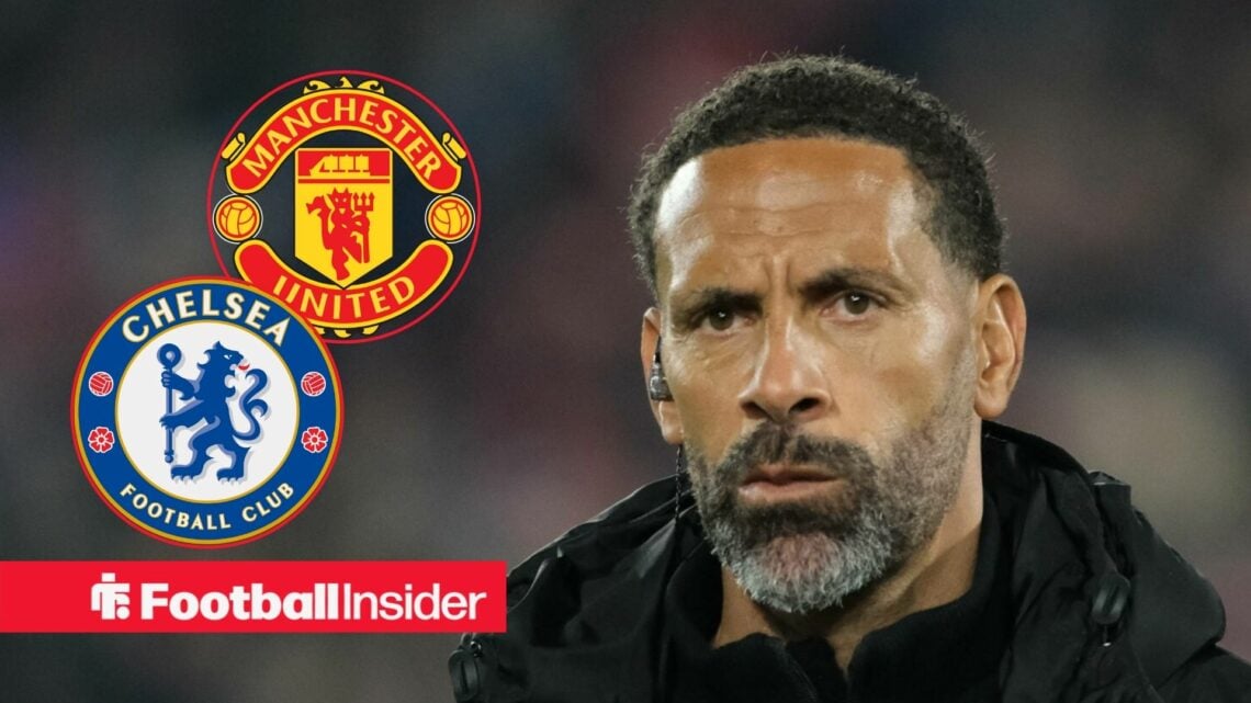 Rio Ferdinand thinking and Man United and Chelsea badges in insets
