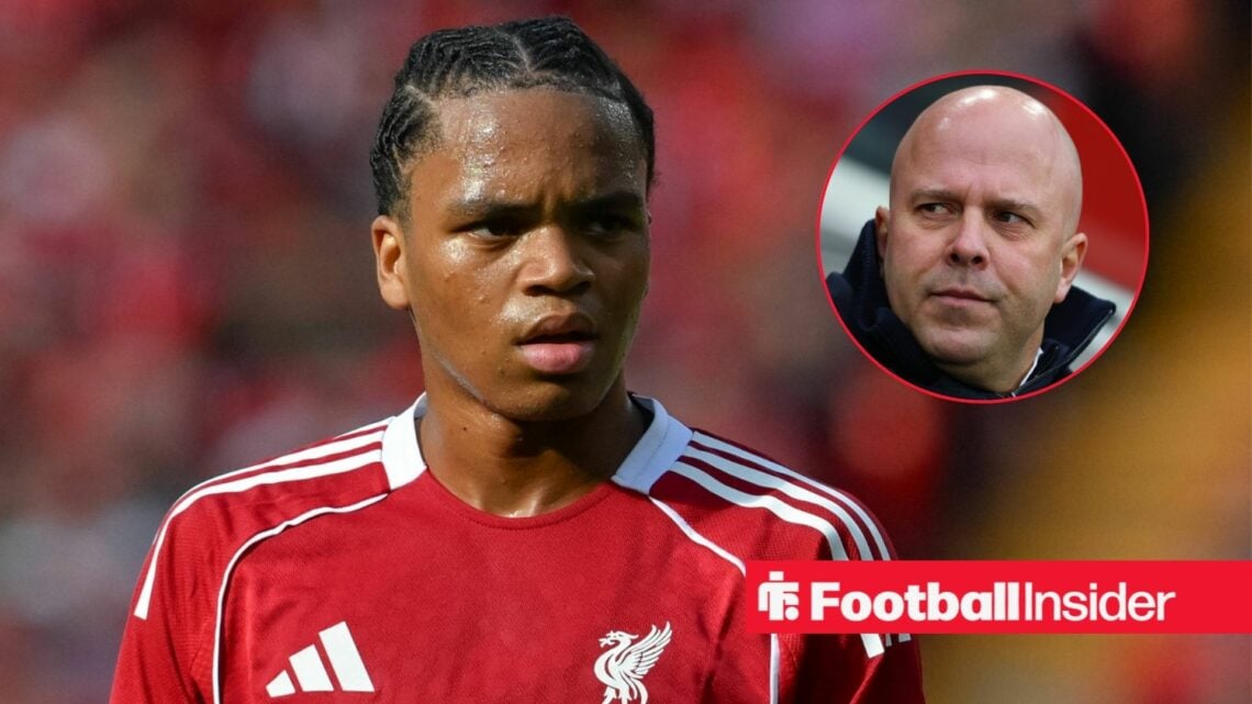 Rio Ngumoha in a Liverpool shirt with Arne Slot included in a circular inset