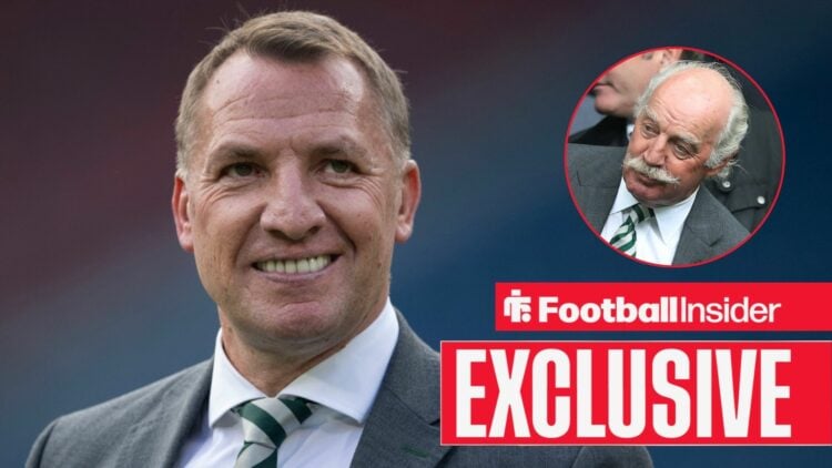 Brendan Rodgers next to a circular inset of Dermot Desmond