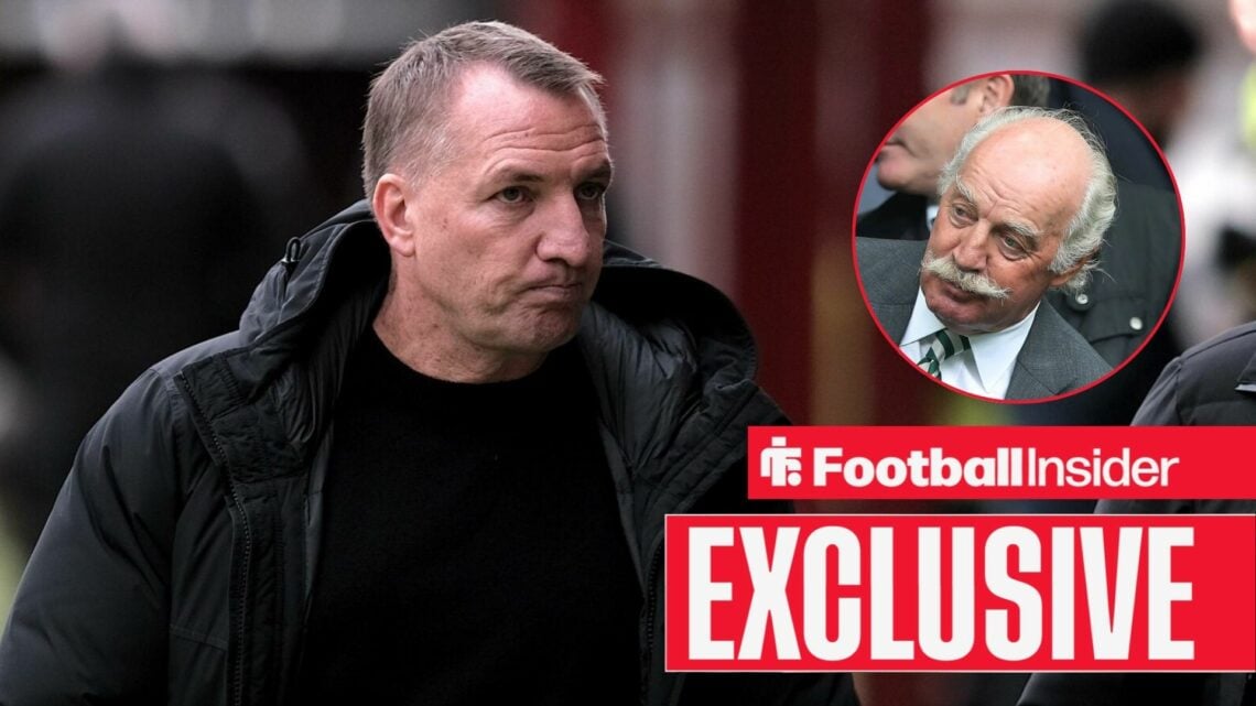 Celtic manager Brendan Rodgers, alongside a circular inset of owner Dermot Desmond.