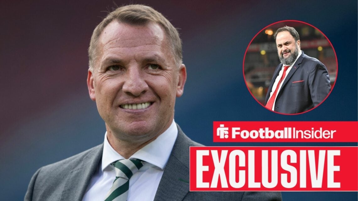 Brendan Rodgers next to a circular inset of Evangelos Marinakis