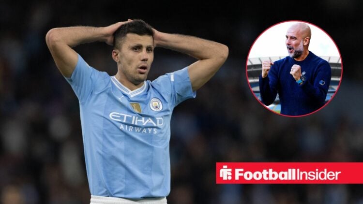 Man City midfielder Rodri alongside a circular inset of Pep Guardiola