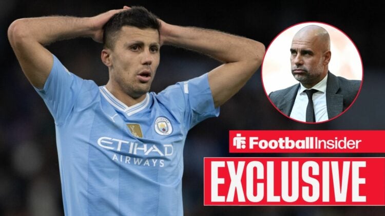 Rodri next to a circular inset of Pep Guardiola