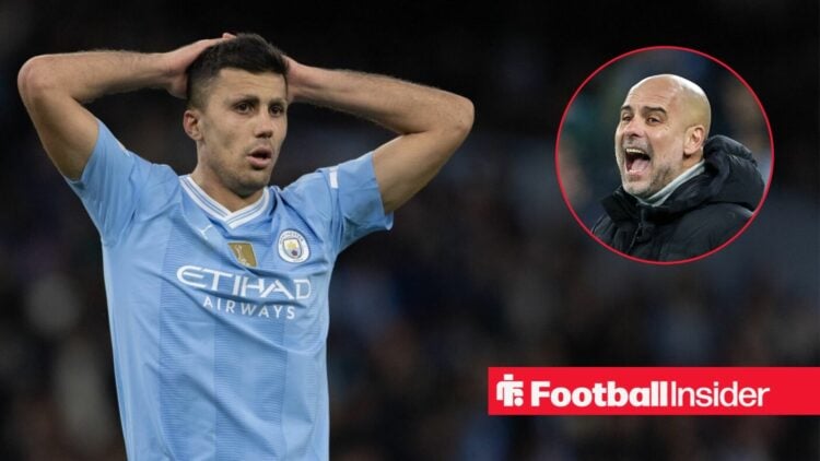 Man City midfielder Rodri alongside a circular inset of Pep Guardiola