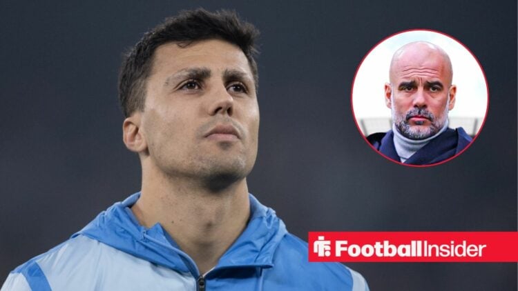 Man City midfielder Rodri alongside a circular inset of Pep Guardiola