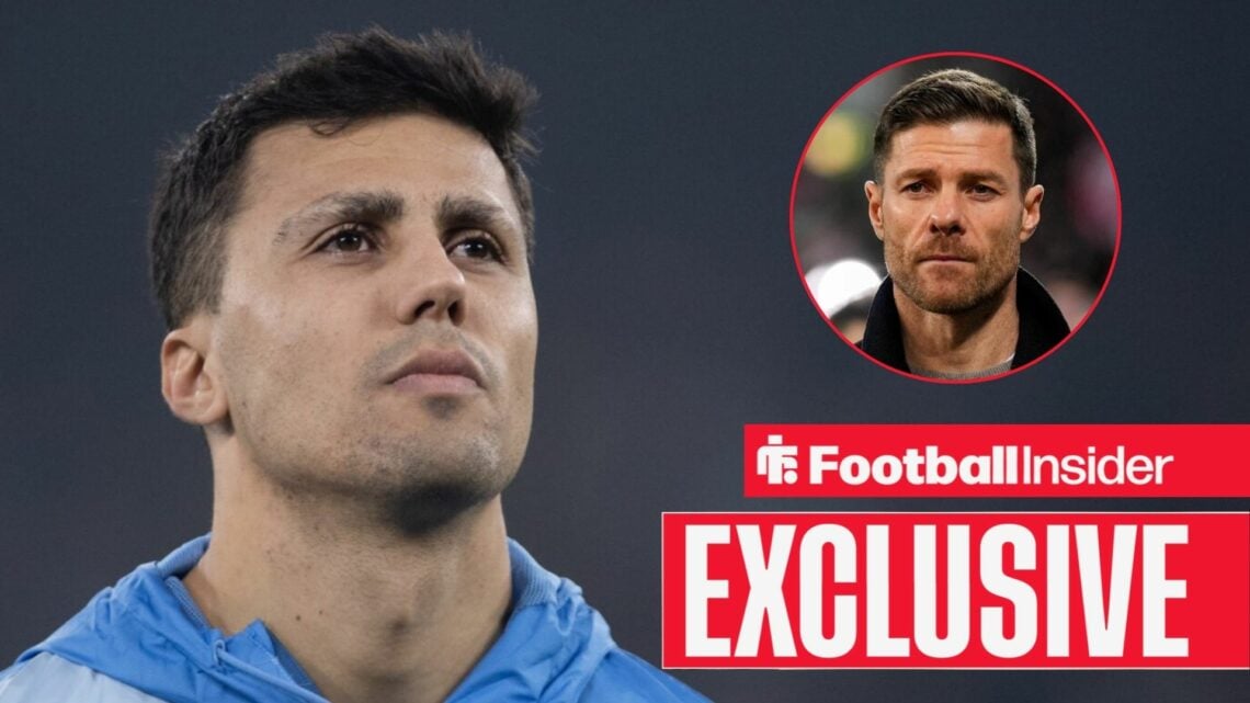 Man City midfielder Rodri lining up before a game with Real Madrid manager Xabi Alonso right inset