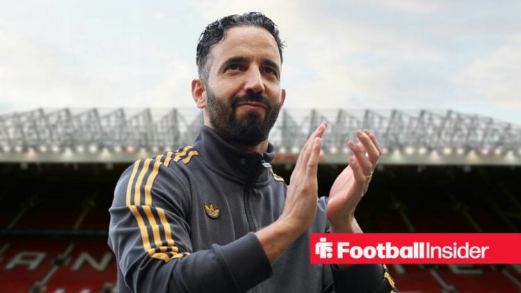 Man United manager Ruben Amorim against a backdrop of Old Trafford.