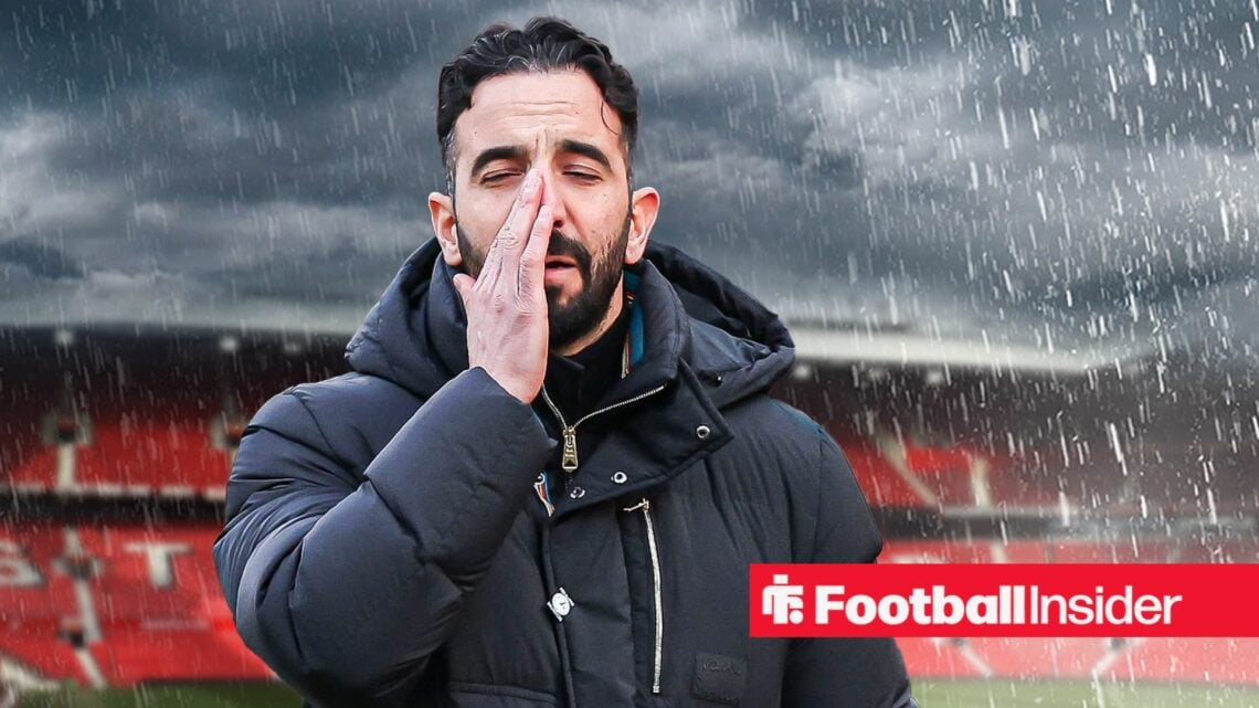 Man United manager Ruben Amorim against a backdrop of a raining Old Trafford