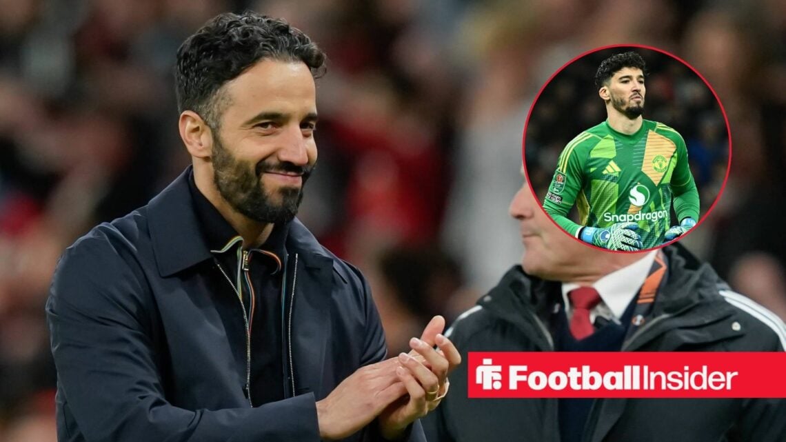 Ruben Amorim smiling and clapping, Altay Bayindir in a circular inset