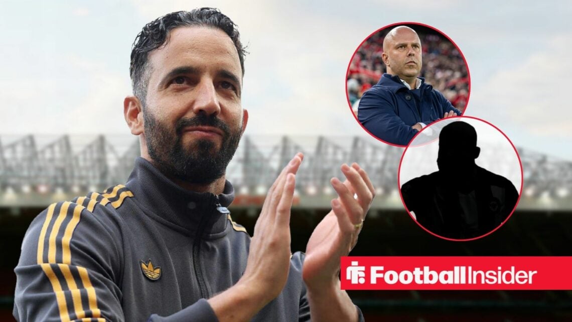 Ruben Amorim at Old Trafford, Arne Slot and Bryan Mbeumo's silhouette in circular insets