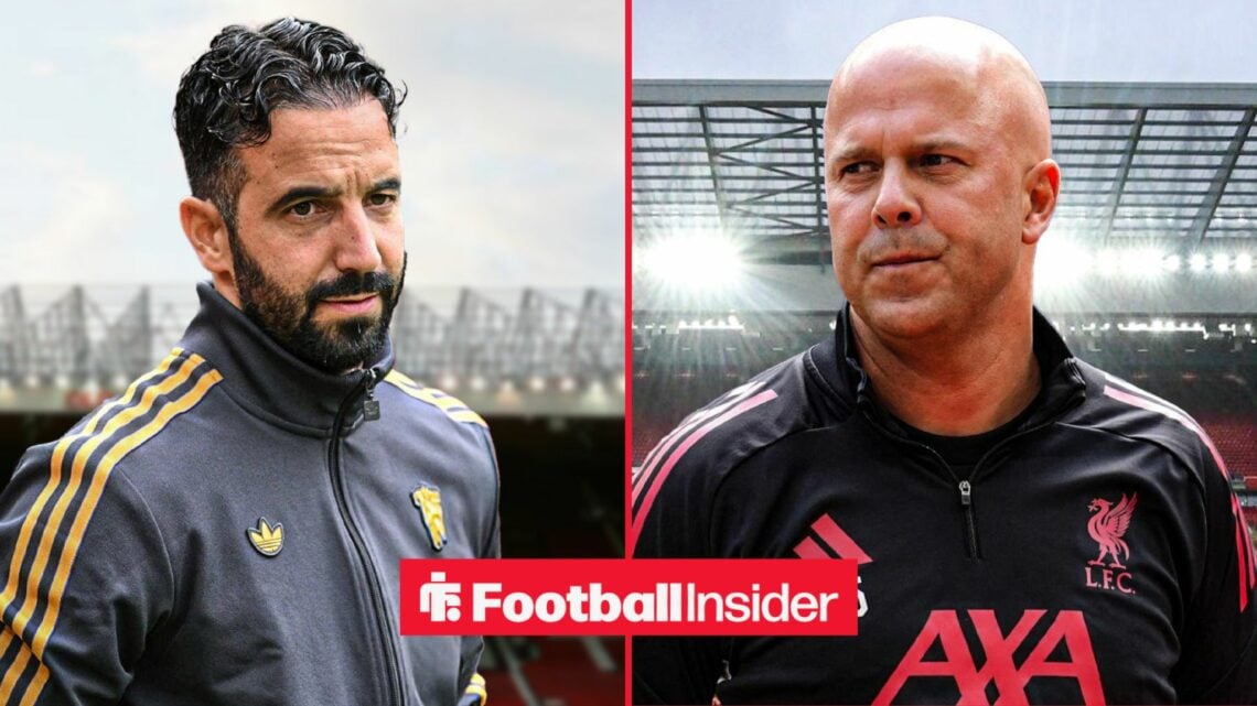 Ruben Amorim looking concerned alongside Arne Slot looking concerned