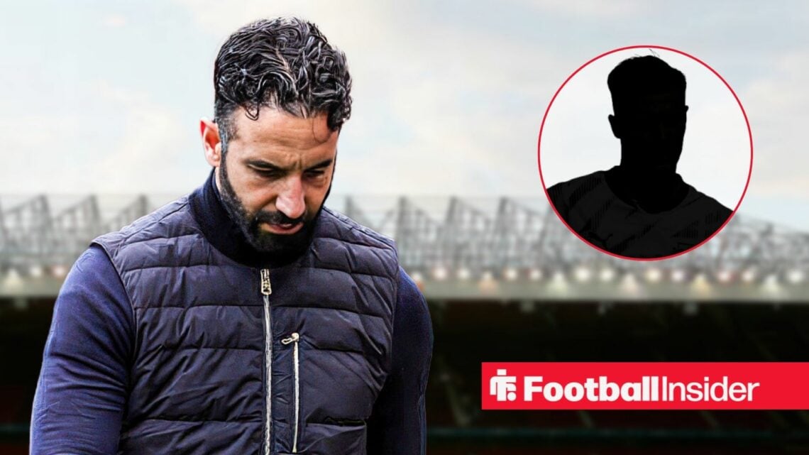 Ruben Amorim sad at Old Trafford, Benjamin Sesko's silhouette in a circular inset