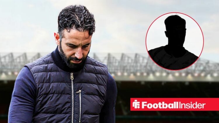Ruben Amorim sad at Old Trafford, Benjamin Sesko's silhouette in a circular inset