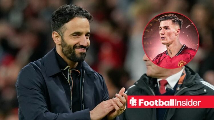Ruben Amorim applauding at Old Trafford with Benjamin Sesko in a circular inset