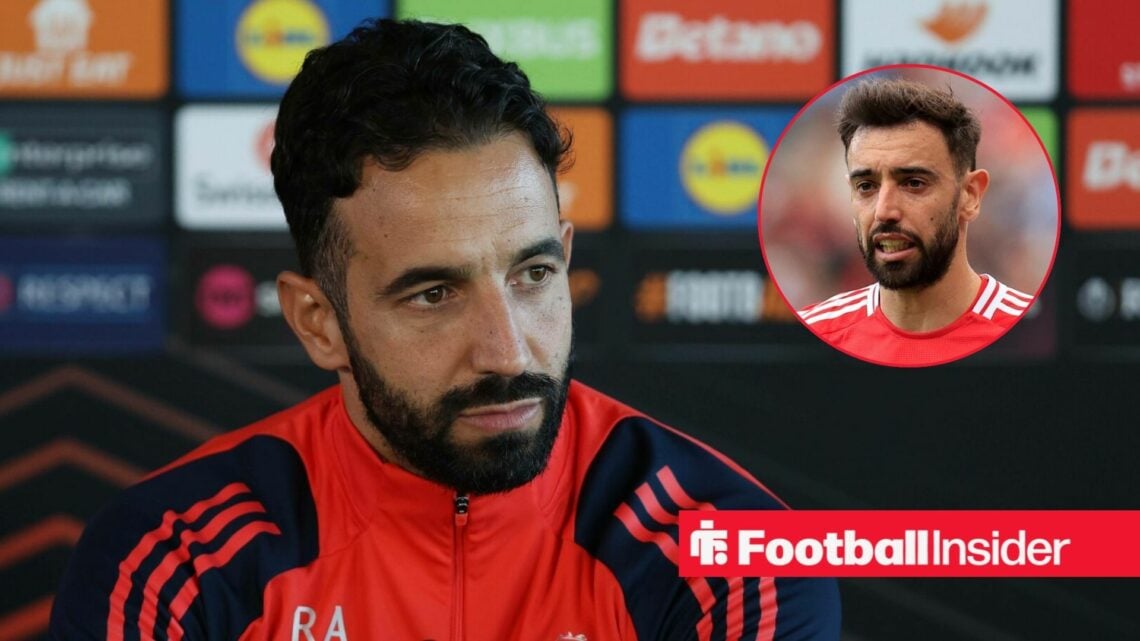 Ruben Amorim during a press conference, with Bruno Fernandes in a circular inset