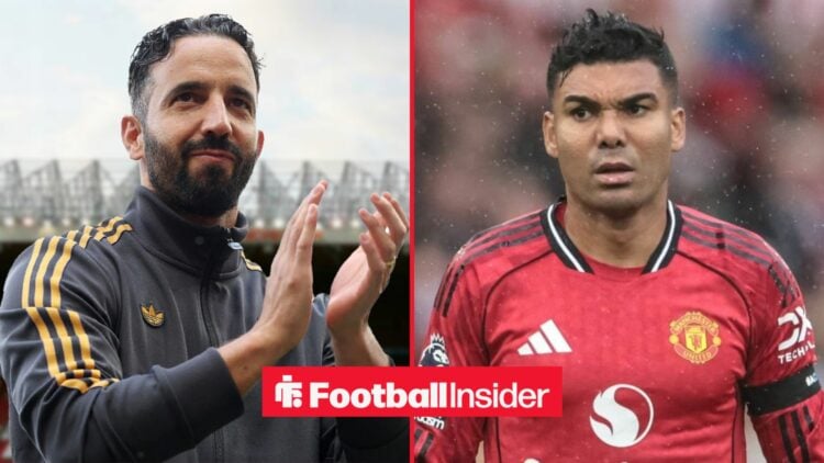 Ruben Amorim clapping alongside Casemiro in a Man United shirt