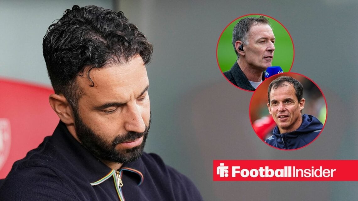 Ruben Amorim sulking in the dugout, Chris Sutton and Regis Le Bris in circular insets