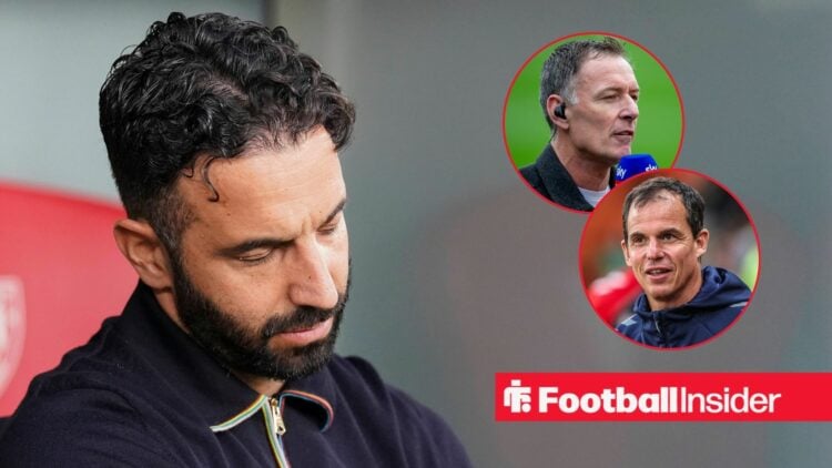 Ruben Amorim sulking in the dugout, Chris Sutton and Regis Le Bris in circular insets
